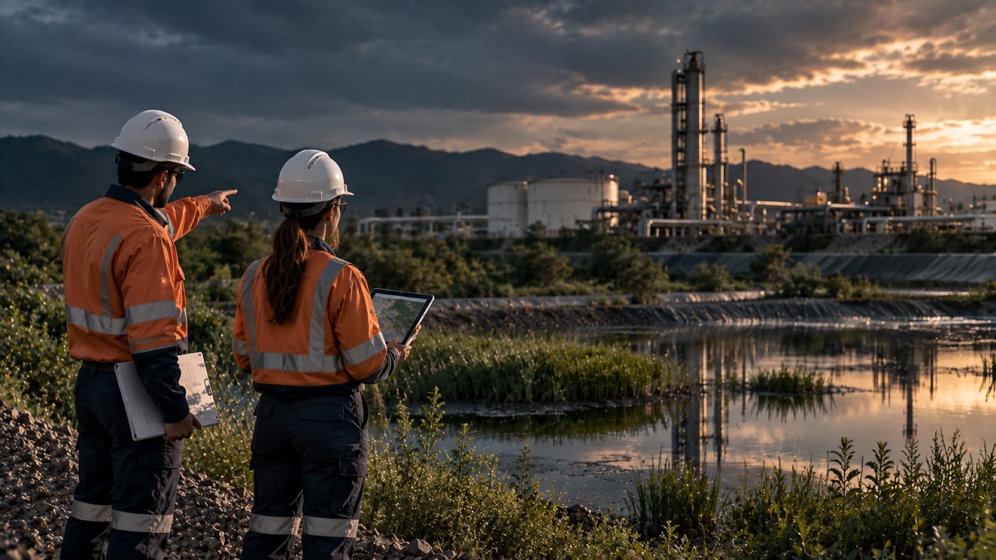 Ingenieros ambientales evaluando un humedal junto a una planta industrial
