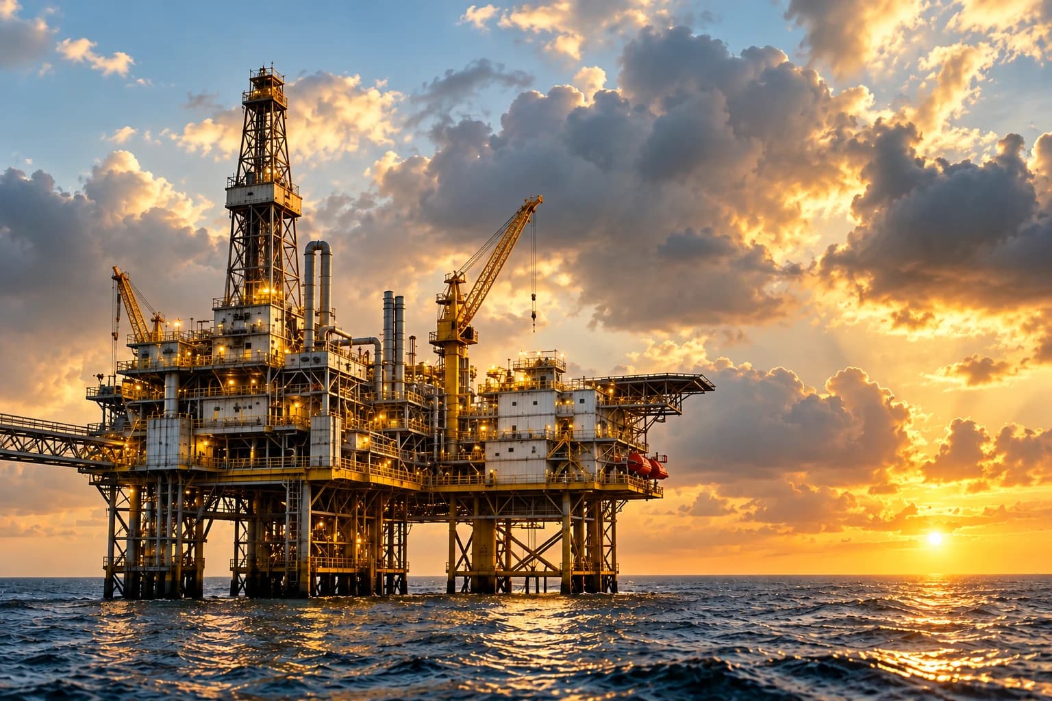 Plataforma petrolera marina al atardecer