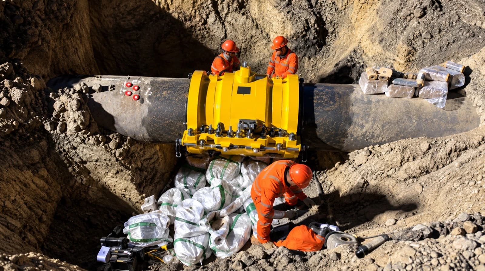 Cuadrilla instalando una envolvente metálica perneada en un ducto enterrado