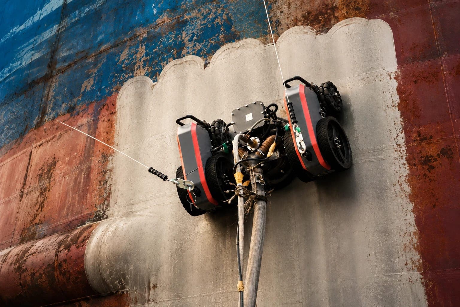 Robot de limpieza trabajando sobre el casco de una embarcación