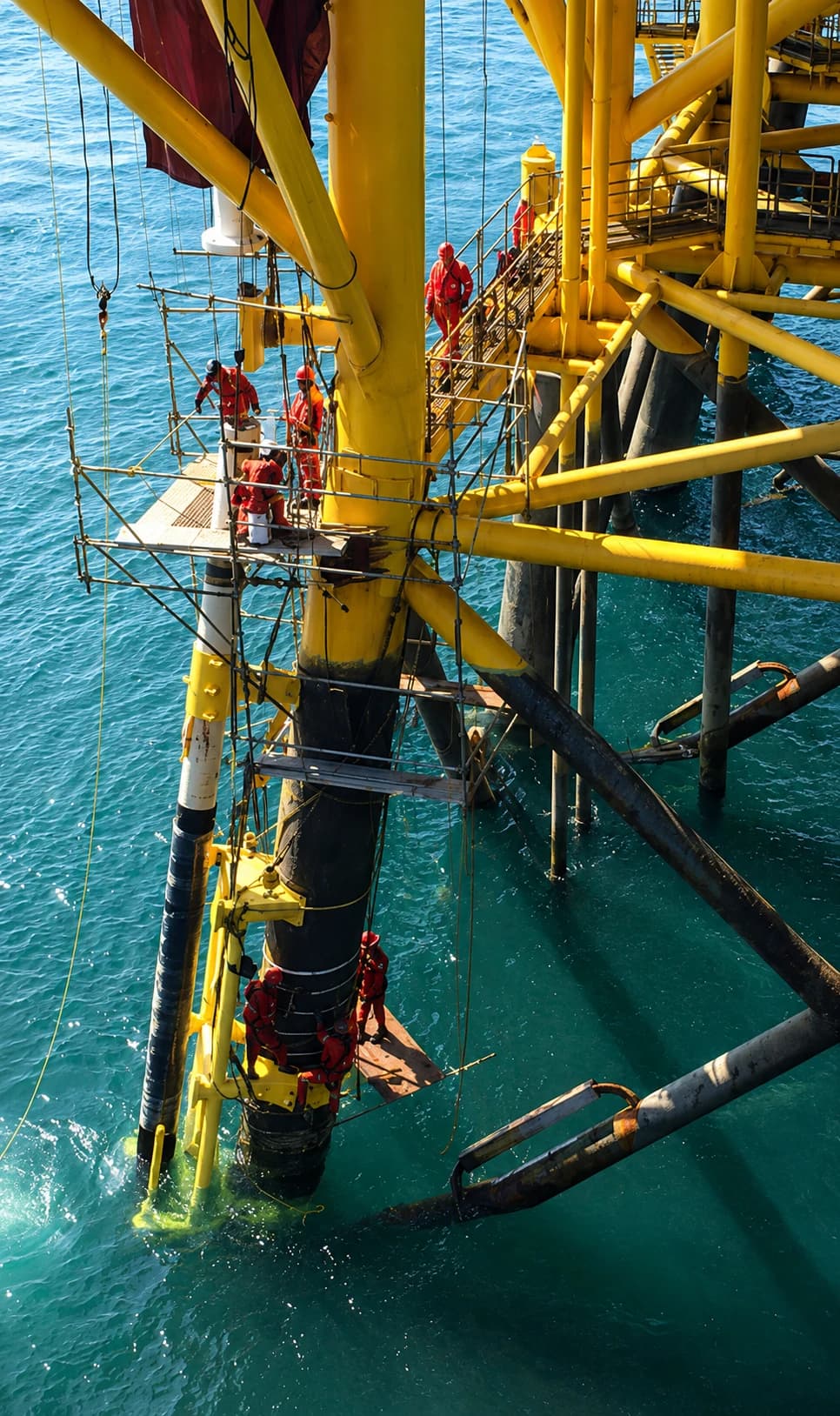 Aplicación de protección en zona de marea en la pierna de una plataforma marina